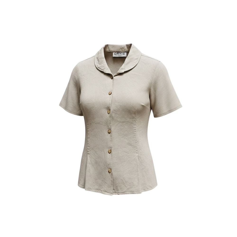 Coastal Linen Orvis Button Top Beige Rayon Camp Blouse M - Picture 1 of 8